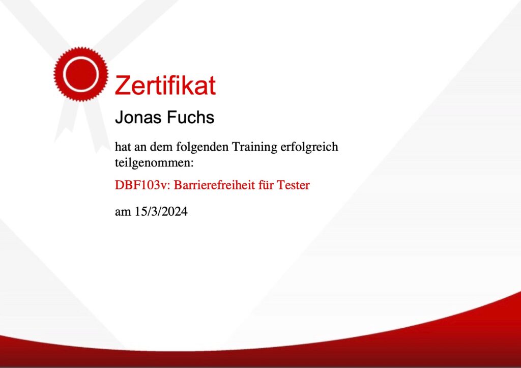 Zertifikat der Vodafone Personalabteilung zur erfolgreichen Absolvierung der Inhouse Schulung "Barrierefreiheit für Tester" von Jonas Fuchs am 15.03.2024