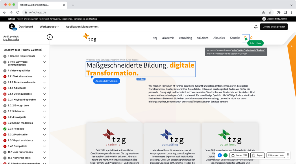 Screenshot des Konzepts der Webanwendung "reflect". Es zeigt eine Webseite auf der zwei Benutzer gleichzeitig Elemente auf Barrierefreiheit untersuchen.